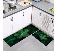 Kitchen Rugs Plant Photography Runner Set of 2, Anti Fatigue Floor Mat for Home Decor Office, Nature Four Leaf Clover Waterproof Non Slip Kitchen Rug Set Standing Mats Emerald, 40x60cm+40x120cm