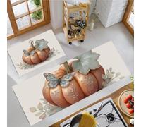 Kitchen Rugs Runner Set of 2 Butterfly Pumpkin Kitchen Floor Mat for Home Decoration Office Waterproof Non Slip Vintage Watercolor Rug Set Comfort Standing Mats 50x80cm+50x150cm, Warm Orange