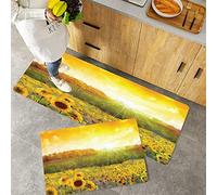 Kitchen Rugs Set 2 Piece Non-Slip Kitchen Mats and Rugs,Sunflower,Landscape with A Golden Yellow Sunflower Field and Distant ,Rubber Backing Durable Floor Mat Doormat Machine Washable(40x60+40x100cm)