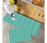 Kitchen Rugs Set 2 Piece Non-Slip Kitchen Mats and Rugs,Turquoise,Art Deco Style Shapes Like Geometrical Squares with Lines I,Rubber Backing Durable Floor Mat Doormat Machine Washable(40x60+40x100cm)