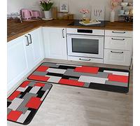 Kitchen Rugs Set of 2- Red, Black, and Grey Modern Geometric Non-Slip Washable Floor Mats - Comfort Sink and Laundry Room Runner - Contemporary Abstract Art Design Decor 17x47.2 and 17x30 inches