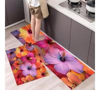 Kitchen Rugs Sets of 2 Hibiscus Flower Collage Anti Fatigue Kitchen Floor Mat Non Slip Tropical Flowers Washable Runner Rug Comfort Standing Mats for Office, Sink, Hallway, Orange, 40x60cm+40x120cm