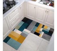Kitchen Rugs Sets of 2-Non Slip Kitchen Mats for Floor-Geometric Style Rectangular Yellow Color Block Kitchens Floor Mat Runner Carpet for Hallways Entryway Laundry Room Washable（Blue 50x80+50x150cm）