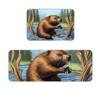 Kitchen Rugs Sets of 2,Non Slip Washable Kitchen Mats for Floor,Thick Soft Kitchen Runner Rugs Comfort Standing Desk Mat Busy Beaver Cartoon Carpet for Laundry, Sink, Office, Home, 17"x47"+16"x24"