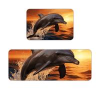 Kitchen Rugs Sets of 2,Non Slip Washable Kitchen Mats for Floor,Thick Soft Kitchen Runner Rugs Comfort Standing Desk Mat Dusk Dolphin Carpet for Laundry, Sink, Office, Home, 17"x47"+16"x24"