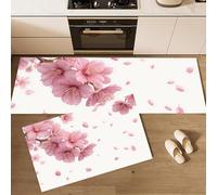 Kitchen Rugs Sets of 2 Non Slip Washable Spring Breeze Kitchen Runner Floor Mat Cherry Blossoms Flutter Comfort Standing Mats Absorbent for Laundry Room, Hallway & Living Room, 43x75cm+43x150cm, Pink