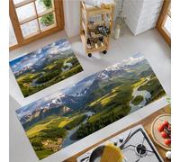 Kitchen Rugs Sets of 2 Snow-Capped Mountains Rivers Non Slip Kitchen Mats Washable Runners Rugs Natural Scenery Soft Standing Floor Mat for Hallway, Dining Room and Entrance, 50x80cm+50x150cm, Green