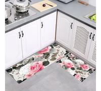 Kitchen Rugs Watercolor Flowers Runner Set of 2, Anti Fatigue Floor Mat for Home Decor Office, Roses Hydrangeas Waterproof Non Slip Kitchen Rug Set Standing Mats Pink Gray, 43x75cm+43x150cm