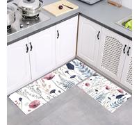 Kitchen Rugs Watercolor Runner Set of 2, Anti Fatigue Floor Mat for Home Decor Office, Wildflowers Ferns Waterproof Non Slip Kitchen Rug Set Standing Mats Navy Blue, 40x60cm+40x120cm
