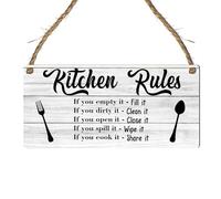 Kitchen Rules Plaque - Whitewashed Sign with Rustic Twine for Hanging - Funny & Practical Kitchen Etiquette Reminder with Fork & Spoon Icons - Family Kitchen Decor (Medium: 24 cm (W) × 11 cm (H))