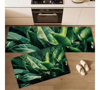 Kitchen Runner Rug 2 Pieces, Absorbent Banana Leaves Kitchen Mats with Nonslip Backed Tropical Forest Carpet Rugs Soft & Machine Washable, 43x75cm+43x150cm Dark Green