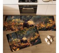 Kitchen Runner Rug 2 Pieces, Absorbent British Red Deer Kitchen Mats with Nonslip Backed Autumn Forest Carpet Rugs Soft & Machine Washable, 40x60cm+40x120cm Brown