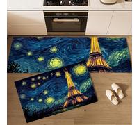 Kitchen Runner Rug 2 Pieces, Absorbent Eiffel Tower, Paris Kitchen Mats with Nonslip Backed Starry Night Oil Painting Carpet Rugs Soft & Machine Washable, 40x60cm+40x120cm Dark Blue