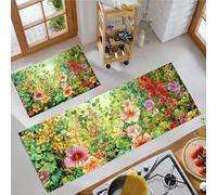 Kitchen Runner Rug 2 Pieces, Absorbent Flowers In Full Bloom Kitchen Mats with Nonslip Backed Lush Garden Carpet Rugs Soft & Machine Washable, 50x80cm+50x150cm Sage Green