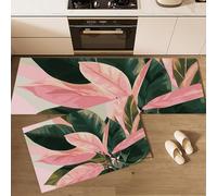 Kitchen Runner Rug 2 Pieces, Absorbent Leaf Illustration Kitchen Mats with Nonslip Backed Tropical Plants Carpet Rugs Soft & Machine Washable, 40x60cm+40x120cm Pink