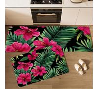 Kitchen Runner Rug 2 Pieces, Absorbent Palm Leaf Hibiscus Flowers Kitchen Mats with Nonslip Backed Tropical Flowers Carpet Rugs Soft & Machine Washable, 43x75cm+43x150cm Red