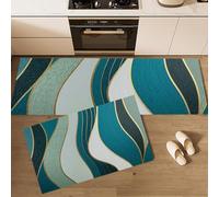 Kitchen Runner Rug 2 Pieces, Absorbent Wave Kitchen Mats with Nonslip Backed Golden Lines Carpet Rugs Soft & Machine Washable, 43x75cm+43x150cm Blue-Green