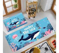Kitchen Runner Rug 2 Pieces, Absorbent Whales And Jellyfish Kitchen Mats with Nonslip Backed Marine Life Carpet Rugs Soft & Machine Washable, 43x75cm+43x150cm Blue