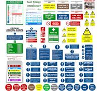 Kitchen Safety Signs plus Allergens poster,Comprehensive kit, Self Adhesive 60Pcs, H&S Compliant, Waterproof -Oil proof, Food Hygiene stickers, Mixed Decals, Restaurants, Schools, Catering vans - UK