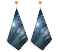 Kitchen Sea And Moon Hand Towels with Hanging Loops, Highly Absorbent & Quick Drying Towels for Kitchen Bathroom, Microfiber Cleaning Cloth, Dish Towel, Tea Towel Decorative, Dish Rag(12x12)