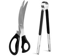 Kitchen Shears, Korean Barbecue Scissors and Tongs Set, Kitchen Scissors and Tongs for Cutting Meat, Chicken & Vegetables, Stainless Steel Multipurpose Non-slip Serrated Sharp BBQ Scissors BBQ Tongs