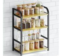Kitchen Shelf Organiser Coffee Station - 3 Tier Spice Rack Storage Cupboard | Black Wooden Shelves for Counter Top Organizer - Small Desk Worktop Organisation Unit Free Standing Coffe Bar Accessories
