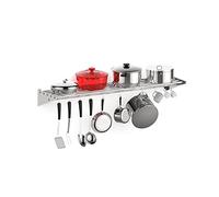 Kitchen Shelves Wall Mounted, Mount Pot Pan Rack Stainless Steel Hanging Shelf Heavy Duty 65Kg, Metal Cookware Organiser with 10 Hooks for Restaurant, Kitchen, Home, Space-Saving Design, 120x32x14Cm
