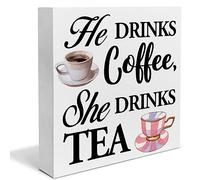 Kitchen Sign Coffee Tea Wooden Box Sign He Drinks Coffee She Drinks Tea Desk Decorative Wooden Sign Home Kitchen Decor for Desk Table Shelf 5 x 5 Inches