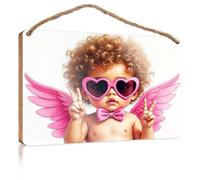 Kitchen Sign Decor A Baby with Curly Hair, Pink Heart-Shaped Sunglasses, and Angel Wings Funny Bathroom Wall Art Signs & Plaques(20X30CM)