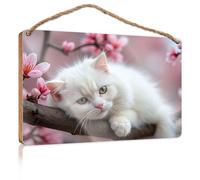Kitchen Sign Decor A Fluffy White Cat Lounges On A Branch Adorned with Delicate Pink Blossoms Funny Bathroom Wall Art Signs & Plaques(15X28CM)