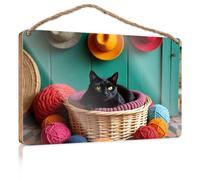 Kitchen Sign Decor Black Cat in A Basket with Colorful Yarns Funny Bathroom Wall Art Signs & Plaques(23X35CM)
