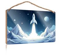 Kitchen Sign Decor Rocket Launching from Snowy Mountains Under A Starry Sky Funny Bathroom Wall Art Signs & Plaques(15X28CM)