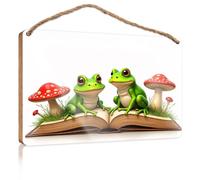 Kitchen Sign Decor Two Frogs Sitting On an Open Book Surrounded By Mushrooms Funny Bathroom Wall Art Signs & Plaques(20X30CM)