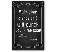 Kitchen Signs Wall Decor Funny Metal Tin Sign Kitchen Sets For Home Decorations Wash Your Dishes Or I Will Punch You In The Face Love Mom Coffee Bar Signs Decor House Rules Wall Decor 8x12 Inch