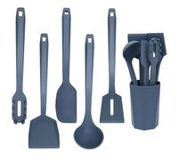 Kitchen Silicone Cooking Utensils Set of 6 with Holder Silicone Slotted Blue Spatula Spaghetti Server Soup Ladle Heat-Resistant Kitchen Utensils Tools Gadgets Set for Non-Stick Pan Baking Flipping