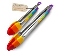 Kitchen Silicone Tip Tongs - Stainless Steel Locking, Heat Resistant Cooking Tongs - 9 & 12 inch Set of 2 (Rainbow Colors)