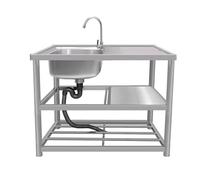 Kitchen Sink 3 Tier Outdoor Free Standing, Stainless Steel Utility with Workbench and Hot Cold Faucet, Laundry Tub Set with Storage Shelves, for Kitchens, Bathrooms(130x45x80cm)