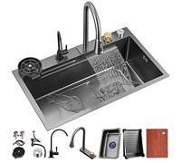 Kitchen Sink 304 Stainless Steel Nano Raindance Waterfall Sink Home Sink Vegetable Basin Single Sink Workstation Kitchen Sink with Pull-Out Faucet, Pressurized Cup Washer (75 * 45 * 20cm)