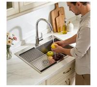 Kitchen Sink, 60 x 45 cm, Undermount Sink, Stainless Steel, 1 Basin, Built-in Sink, with Roll-Up Draining Board and Soap Dispenser, Siphon Drain and Overflow Set