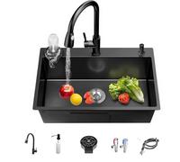 Kitchen Sink Black 50 x 45 cm - Stainless Steel - Compact Undermount Single Bowl Sink with Drainer Fittings & Drying Rack - Ideal for Small Kitchens, Bars, or Utility Rooms (Top-Mount, 50 x 45cm)