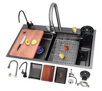 Kitchen Sink Black Gray Top Mount Stainless Steel Sink, Large Capacity Waterfall Bar Workstation, Right Drain Outlet, Single Bowl Nano Household