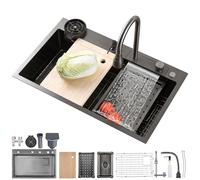 Kitchen Sink Black Smart Waterfall Stainless Steel Undermount/Topmount Single Bowl Kitchen Sink with Drainer Fittings (86x50cm)