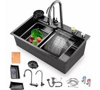 Kitchen Sink Black Stainless Steel Kitchen Sinks Waterfall Multifunctional Sink with Faucet Set, Cup Washer, Soap Dispenser, Drain Set （75 * 45cm）