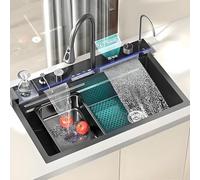 Kitchen Sink Black Stainless Steel Waterfall Kitchen Sink, Kitchen Sink With Waterfall Faucet, Multifunctional Kitchen Sink, Desktop Controls, Piano Buttons, Deluxe Home Smart Sink Workstation(L68X45C