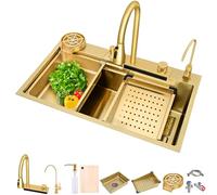 Kitchen Sink Black Stainless Steel with Four Water Flow Modes Pull the Tap Sink Kitchen Large Sink 1 Bowl with Complete Set Accessories 68 x 45 cm, Black