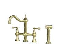 Kitchen Sink Bridge Mixer Tap with Side Sprayer Brass Double Handle 4 Holes Brushed Gold
