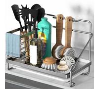 Kitchen Sink Caddy, Kitchen Sink Organizer Stainless Steel with Side Basket, Rustproof and Non-slip Sponge Holder with Removable Drain Tray for Sponge Soap Scrubber Dishcloth Dish Brush, Silver