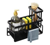 Kitchen Sink Caddy Organiser - Sink Tidy Kitchen S ink Organiser with Auto Draining Tray, Brush Holder, Stainless Steel Sponge Holder Towel Hanger with Divider for Countertop(COLOR:Black)