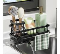 Kitchen Sink Caddy, Sink Tidy Organiser with Self Draining Tray and Sponge Holder, Kitchen Storage & Organisation Organiser with Dishcloth Hanger, Washing up Utensil Caddy for Countertop
