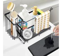 Kitchen Sink Caddy with Instant Drying Stone: Sink Sponge Holder, Stainless Steel Countertop Organizer Basket for Sponge, Scrubbers, Soap, Towel, Bathroom, Desk& Wall Mounted Mode, 2 Diatomaceous Pad